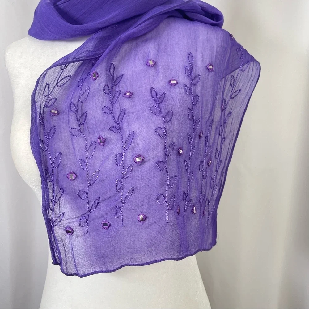 Vintage Embroidered Gauze Jewel Tone Boho Mirror Floral Scarf Shawl Elegant